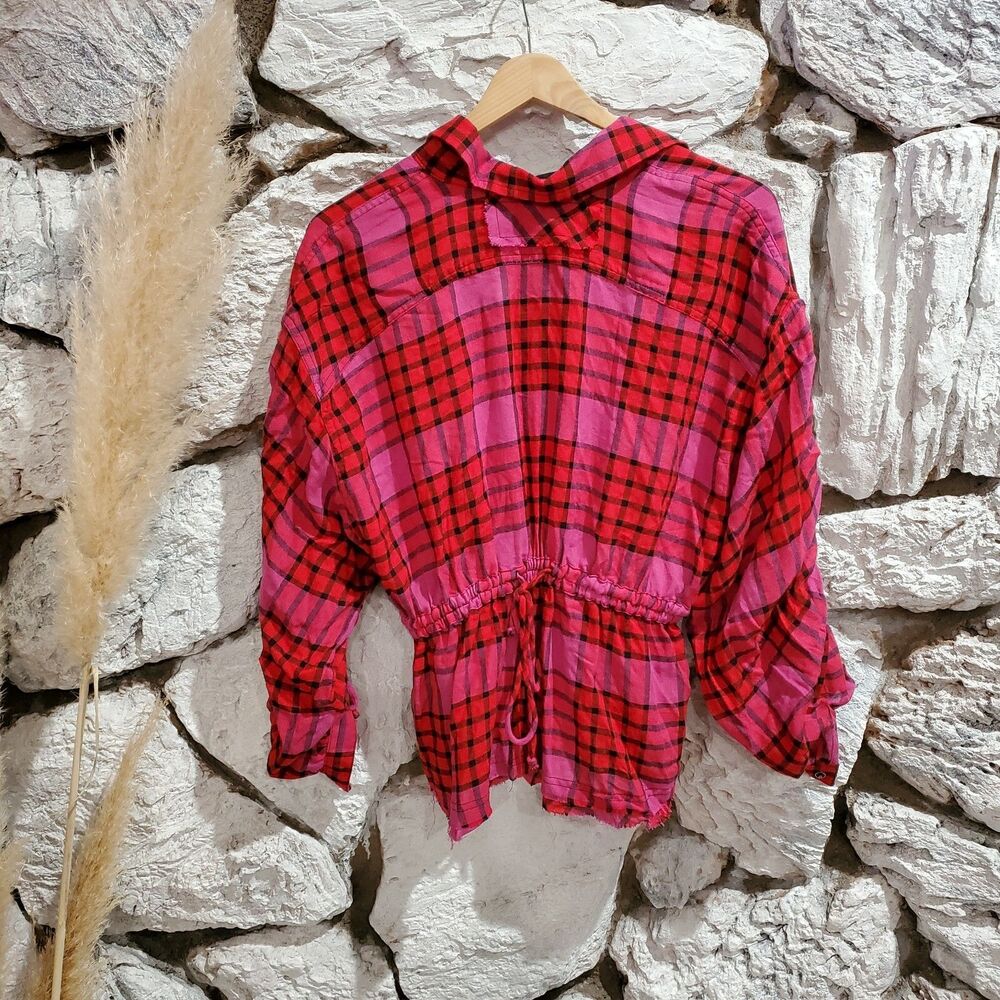 Free People Peplum Pacific Dawn Cinched Plaid Shirt Top Flannel XS New Women's - Picture 7 of 7
